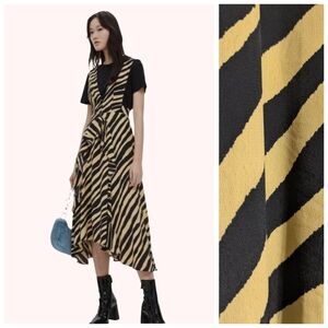 ⭐Topshop Zebra Pinafore Plunge Ruffle Front Midi Dress Black Beige Size 6